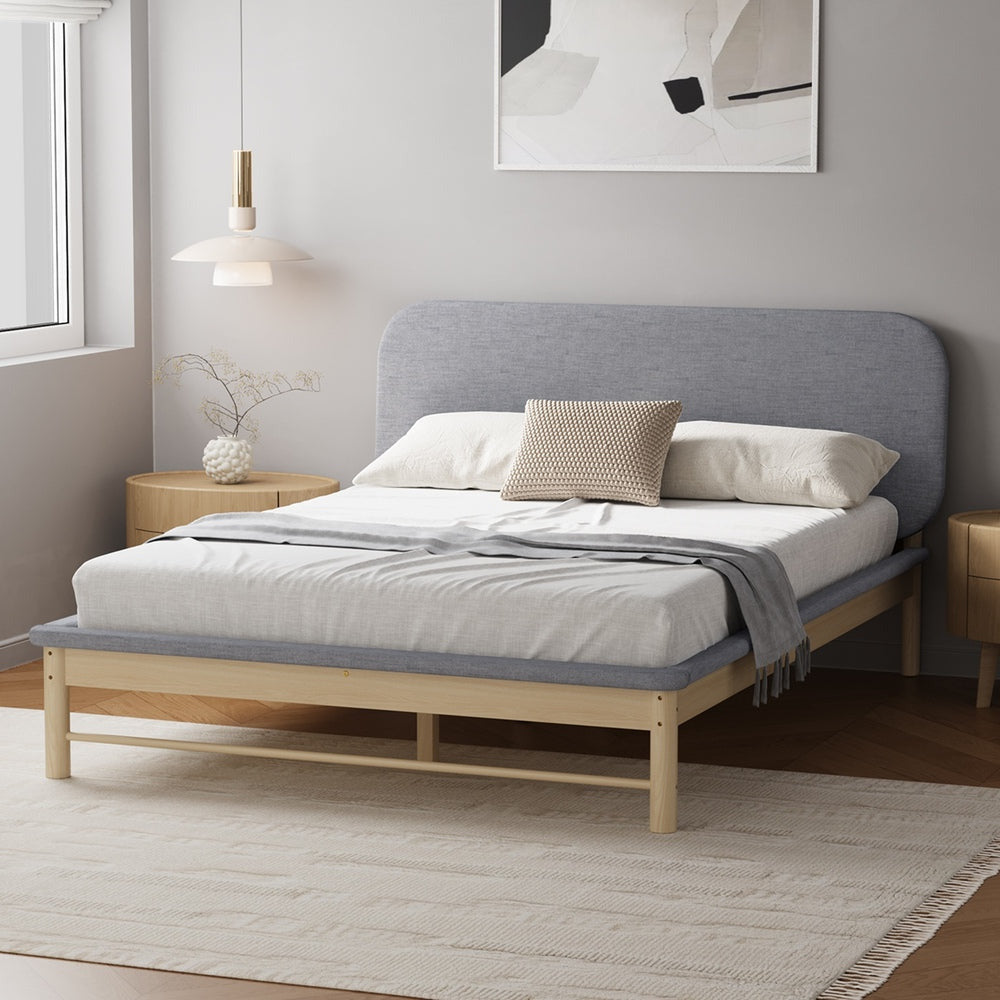 Norsa Soft Padded Fabric Platform Bed  | Modern Linear Strong Wooden Bed Frame