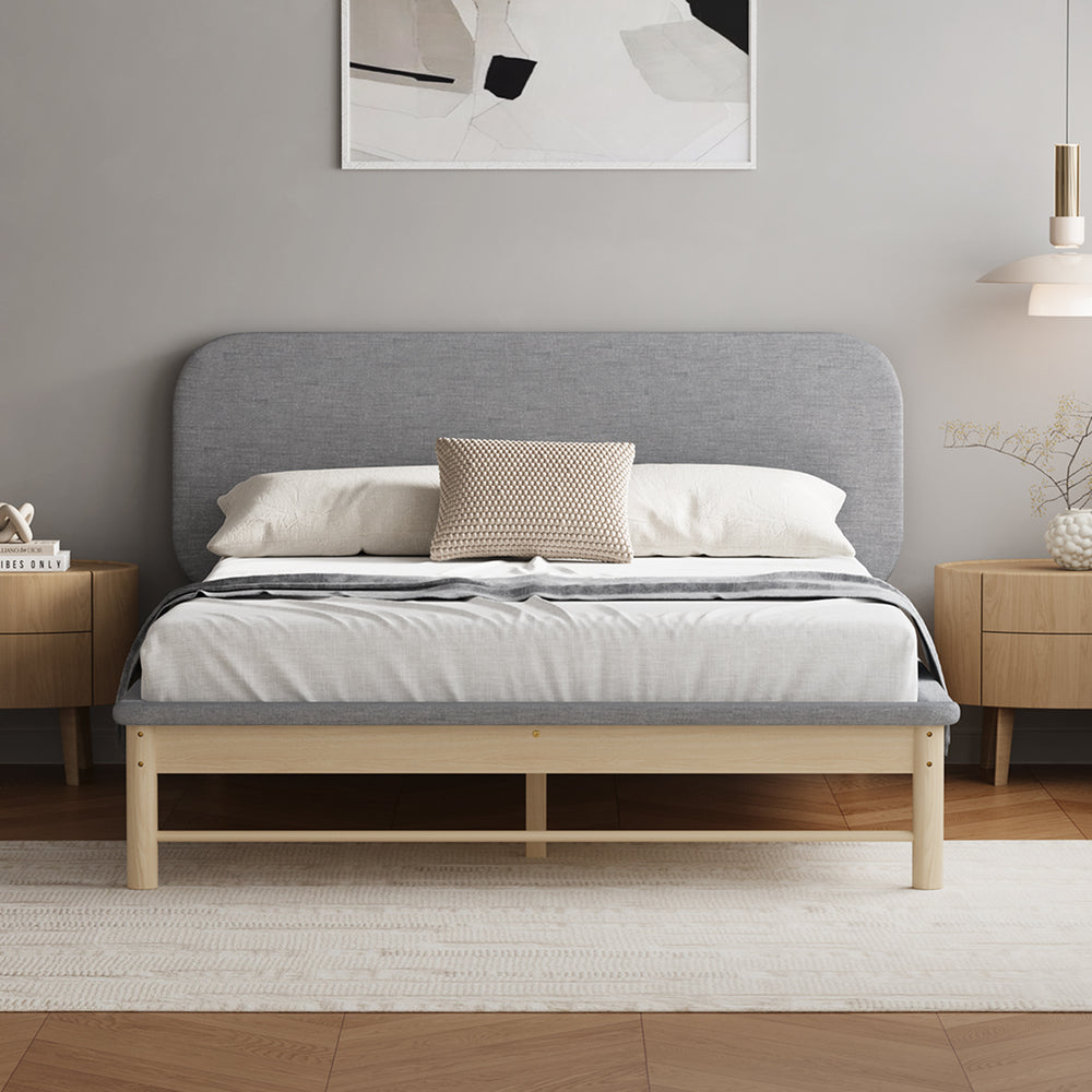 Norsa Soft Padded Fabric Platform Bed  | Modern Linear Strong Wooden Bed Frame