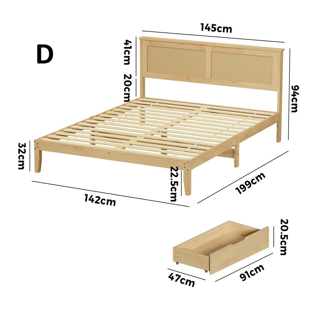 Centrum Modern Wooden Bed Frame with Rattan Headboard | Scandi Wood Storage Rattan Bed