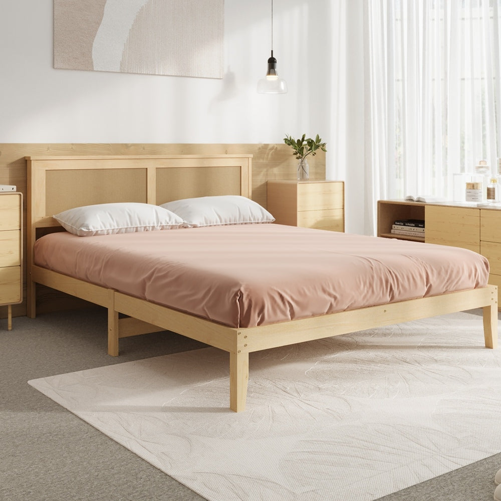 Centrum Modern Wooden Bed Frame with Rattan Headboard | Scandi Wood Storage Rattan Bed