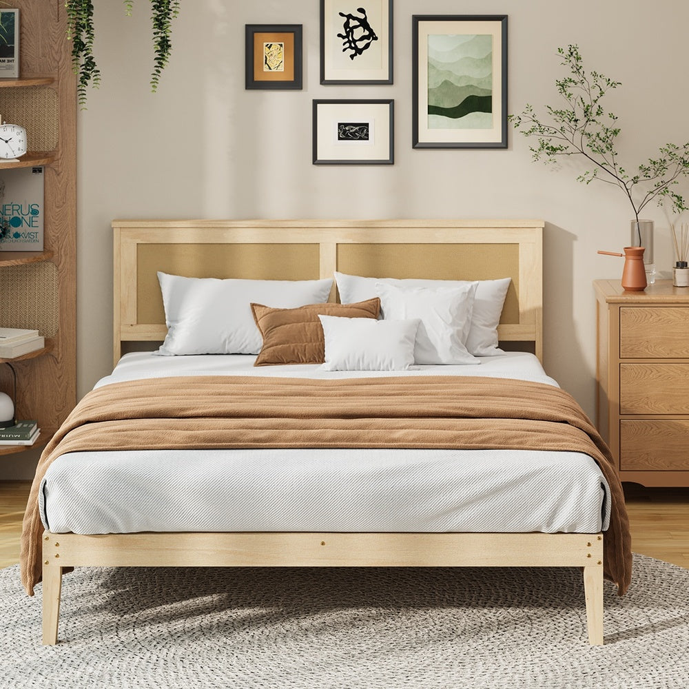 Centrum Modern Wooden Bed Frame with Rattan Headboard | Scandi Wood Storage Rattan Bed