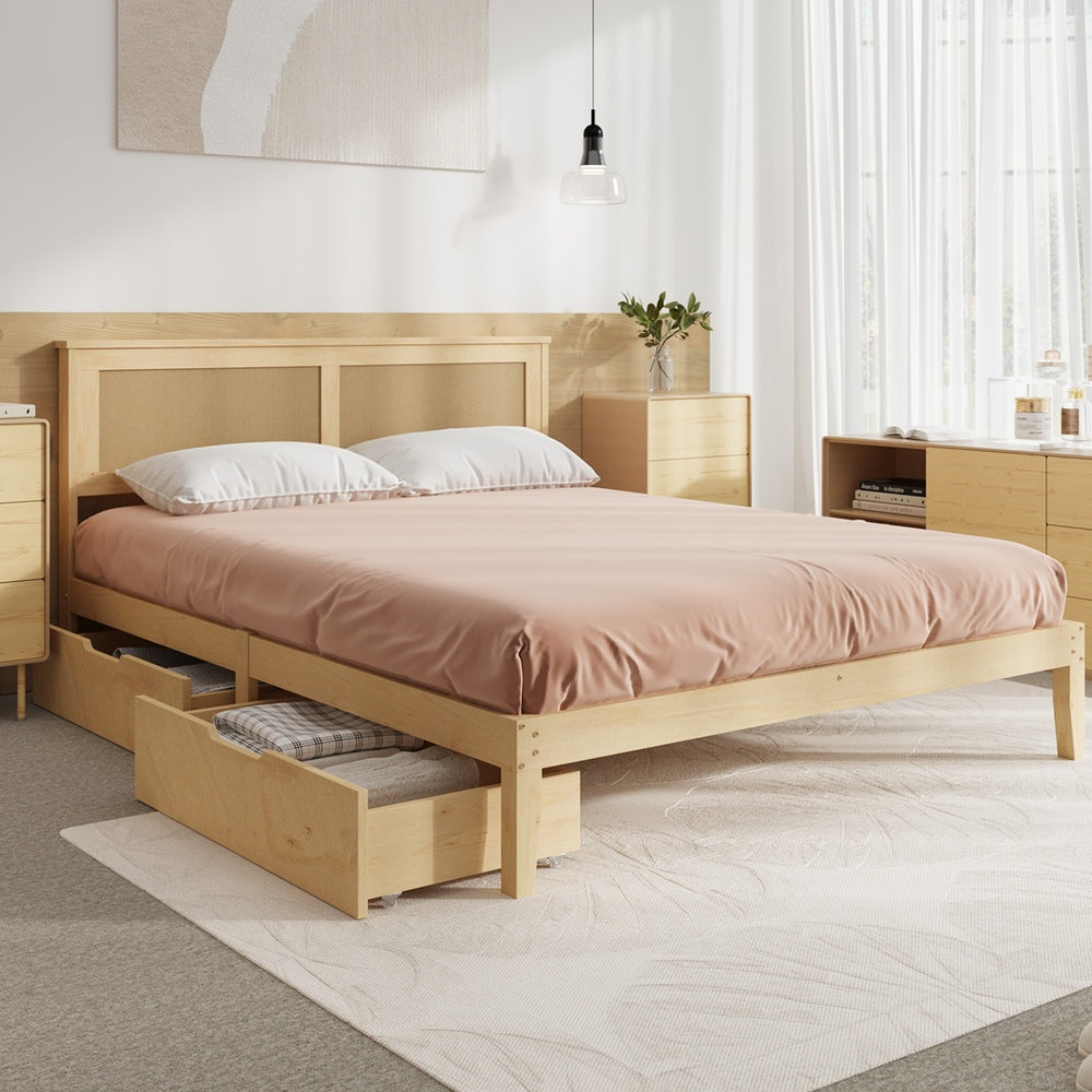 Centrum Modern Wooden Bed Frame with Rattan Headboard | Scandi Wood Storage Rattan Bed