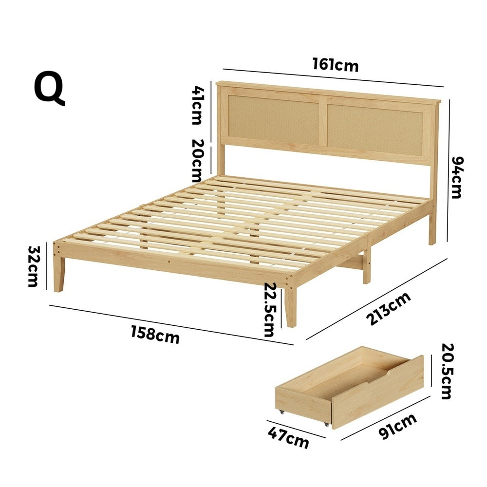 Centrum Modern Wooden Bed Frame with Rattan Headboard | Scandi Wood Storage Rattan Bed