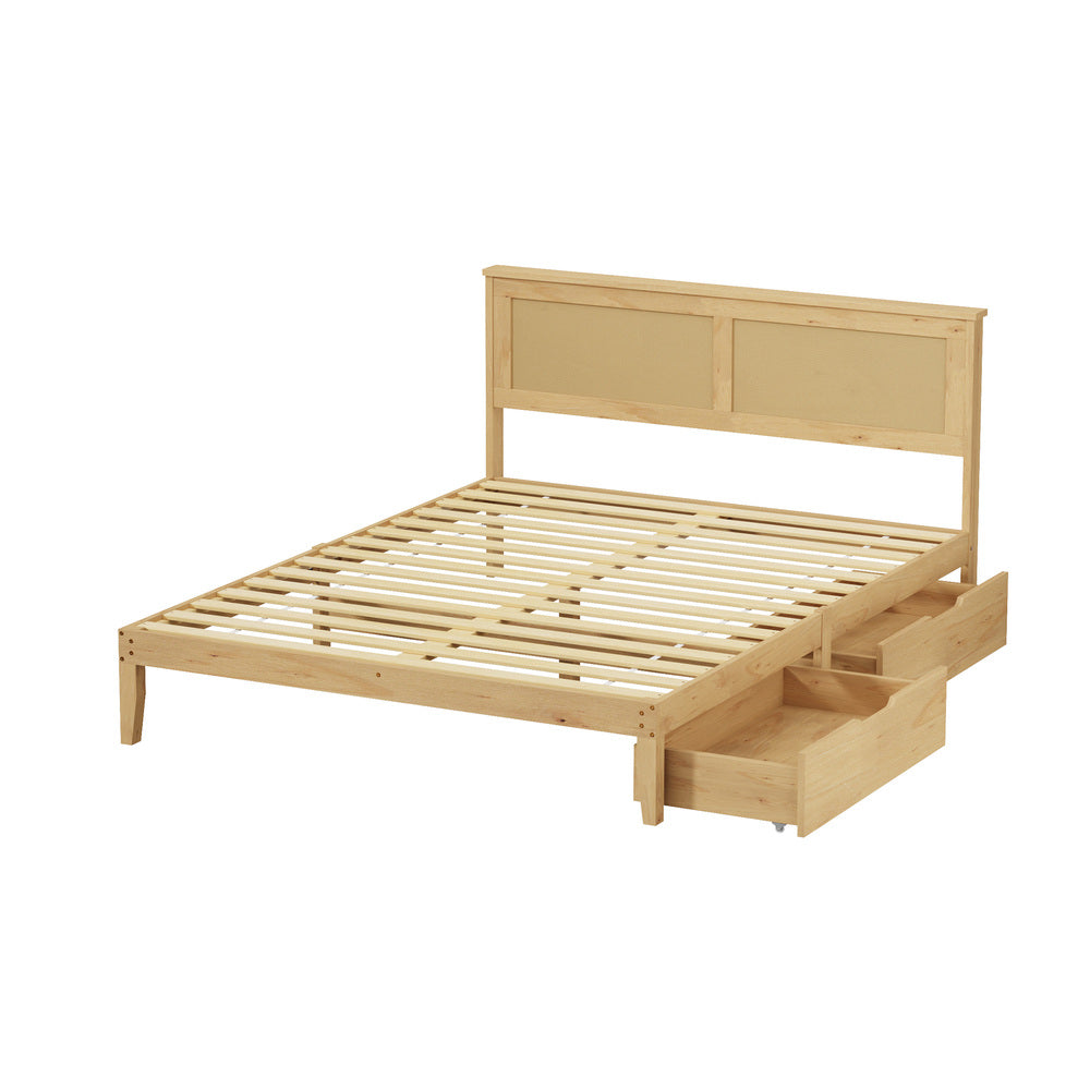 Centrum Modern Wooden Bed Frame with Rattan Headboard | Scandi Wood Storage Rattan Bed
