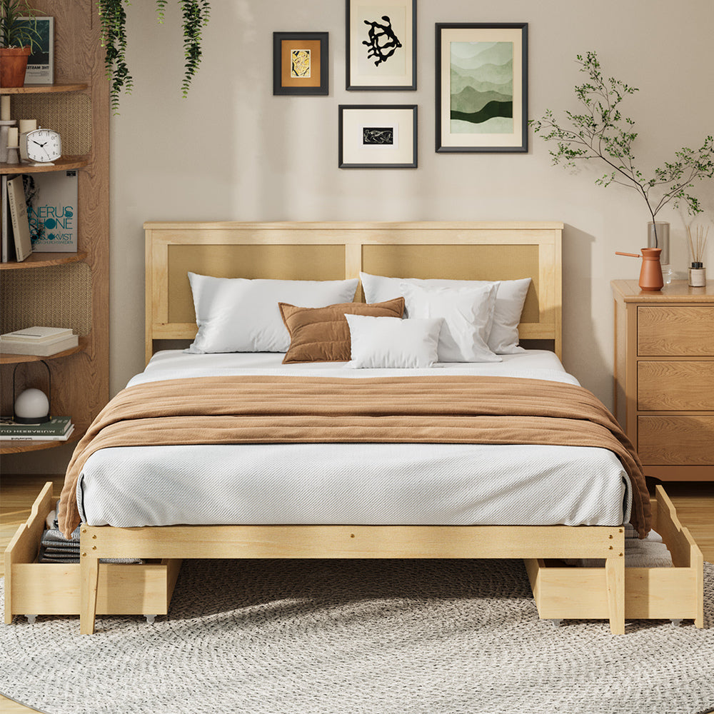 Centrum Modern Wooden Bed Frame with Rattan Headboard | Scandi Wood Storage Rattan Bed