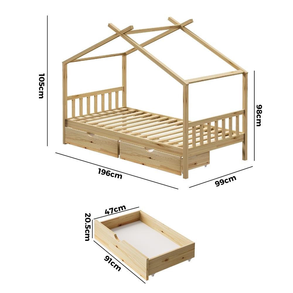 Scandi Luxe Premium Kids Timber House Bed with Drawers | Funzee Kids House Style Storage Bed Frame