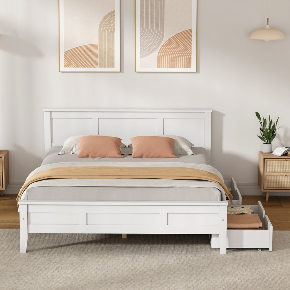 Aria Hampton White Wooden Bed Frame With Dual Drawers | Solid Modern Timber Bed High Quality Frame