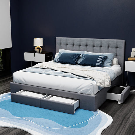 Portofino Supreme Drawer Storage Fabric Bed | Grey Multi Storage Tufted Upholstered Bed Frame