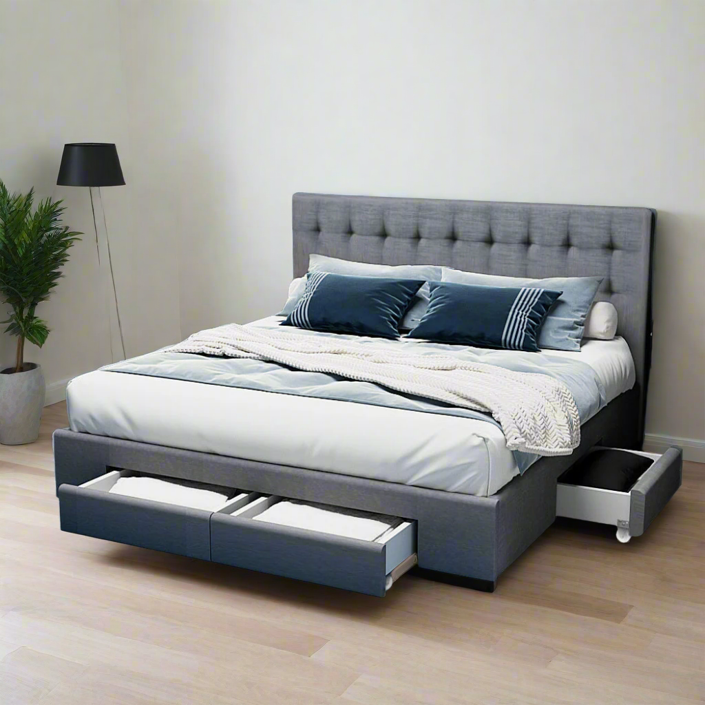 Portofino Supreme Drawer Storage Fabric Bed | Grey Multi Storage Tufted Upholstered Bed Frame