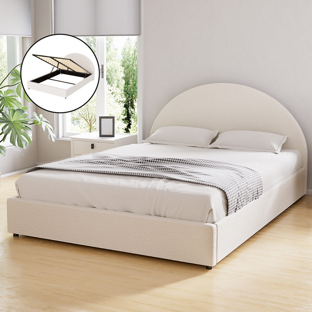 Luna Luxe Soft Boucle Round Gas Lift Storage Bed | Soft Cushioned Arched Boucle Bed Frame