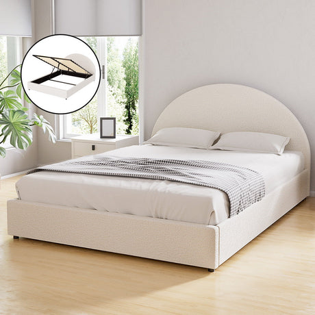 Luna Luxe Soft Boucle Round Gas Lift Storage Bed | Soft Cushioned Arched Boucle Bed Frame