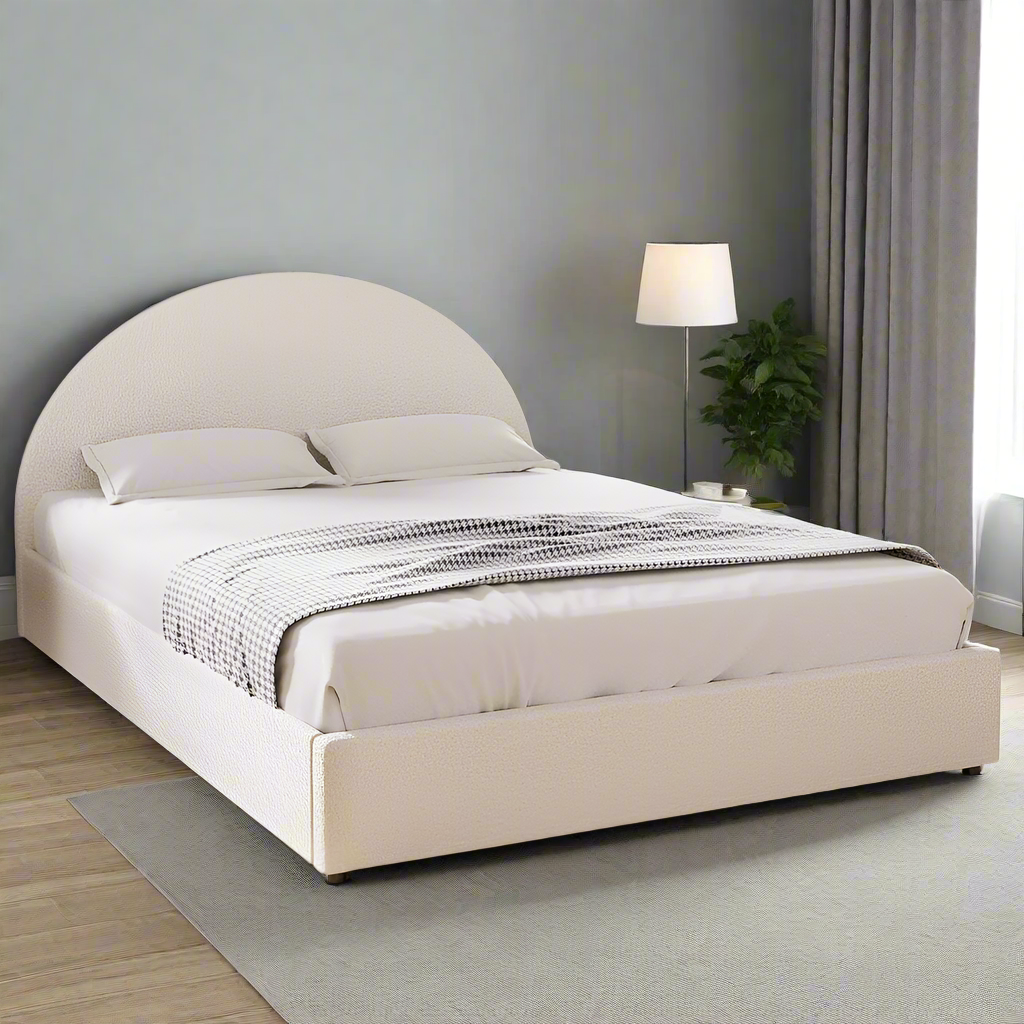 Luna Luxe Soft Boucle Round Gas Lift Storage Bed | Soft Cushioned Arched Boucle Bed Frame