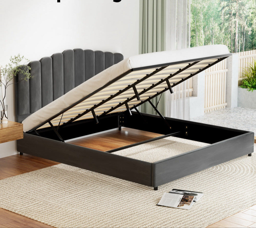 Allure Ripple Grey Soft Velvet Fabric Gas Lift Storage Bed | Two In One Bed and Storage Combo Bed Frame