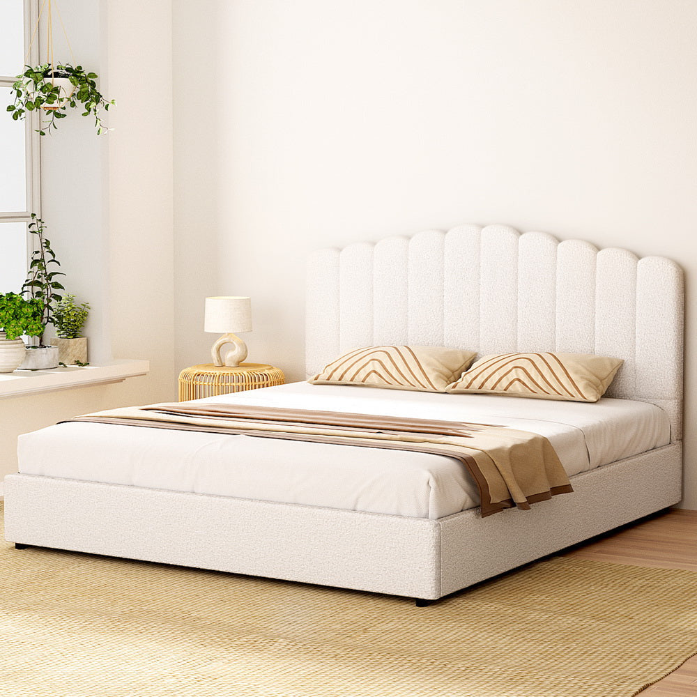 Teddy Ripple Boucle Fabric Gas Lift Storage Bed Frame | Luxe Fabric Gas Lift Modern Bed