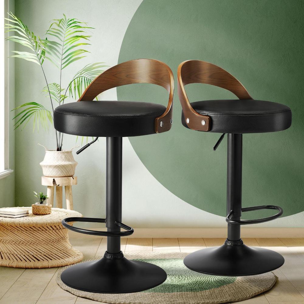 Set of Two Elis Modern Black Metal Barstools | Wood and Metal Gas Lift Adjustable Kitchen Bar Stools