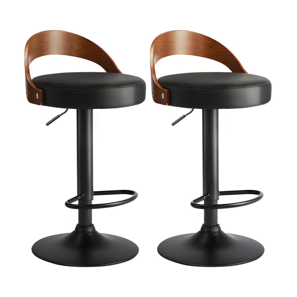 Set of Two Elis Modern Black Metal Barstools | Wood and Metal Gas Lift Adjustable Kitchen Bar Stools