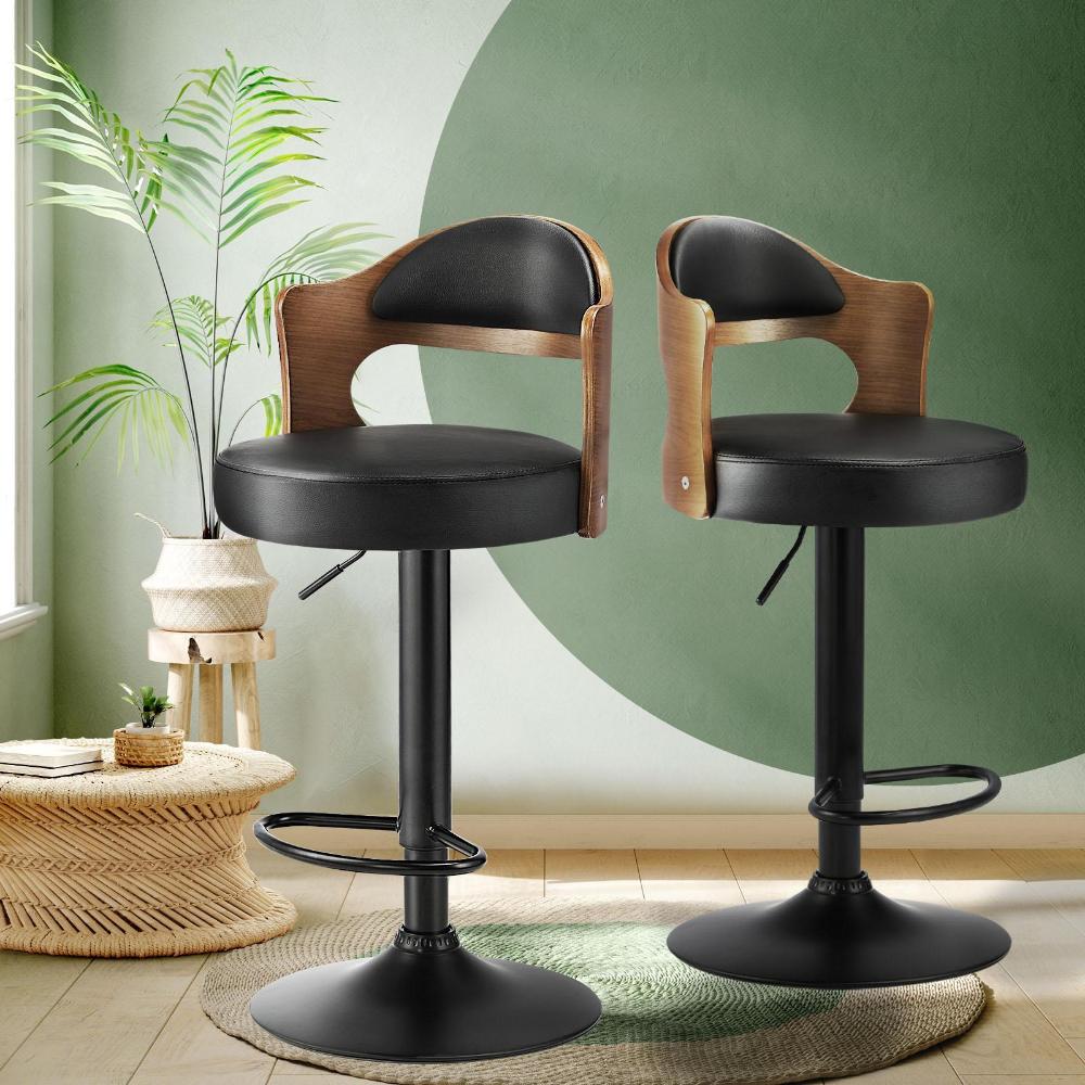 Set of Two Elis Modern Black Metal Barstools | Wood and Metal Gas Lift Adjustable Kitchen Bar Stools