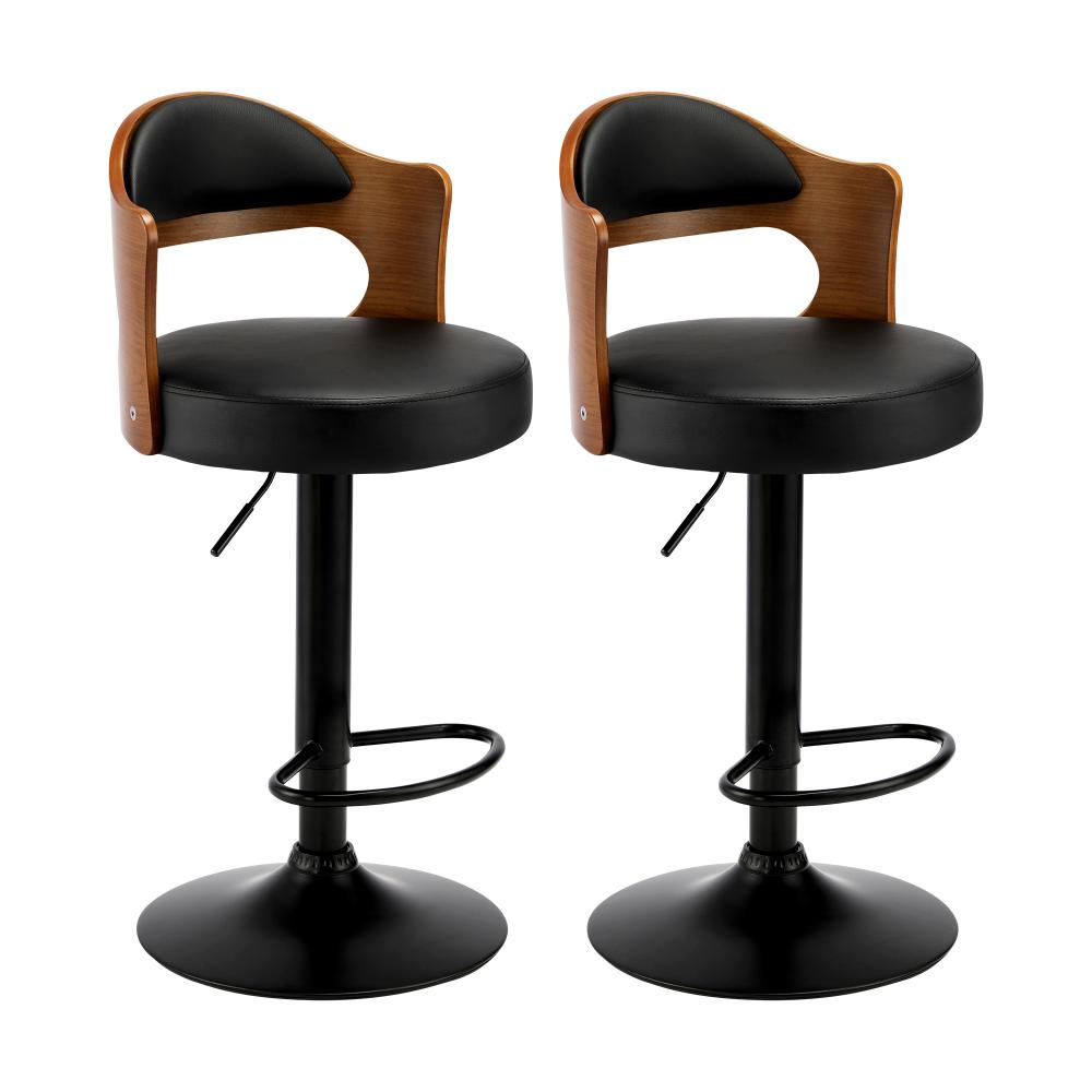 Set of Two Elis Modern Black Metal Barstools | Wood and Metal Gas Lift Adjustable Kitchen Bar Stools