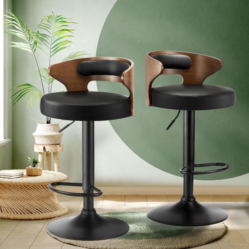 Set of Two Elis Modern Black Metal Barstools | Wood and Metal Gas Lift Adjustable Kitchen Bar Stools