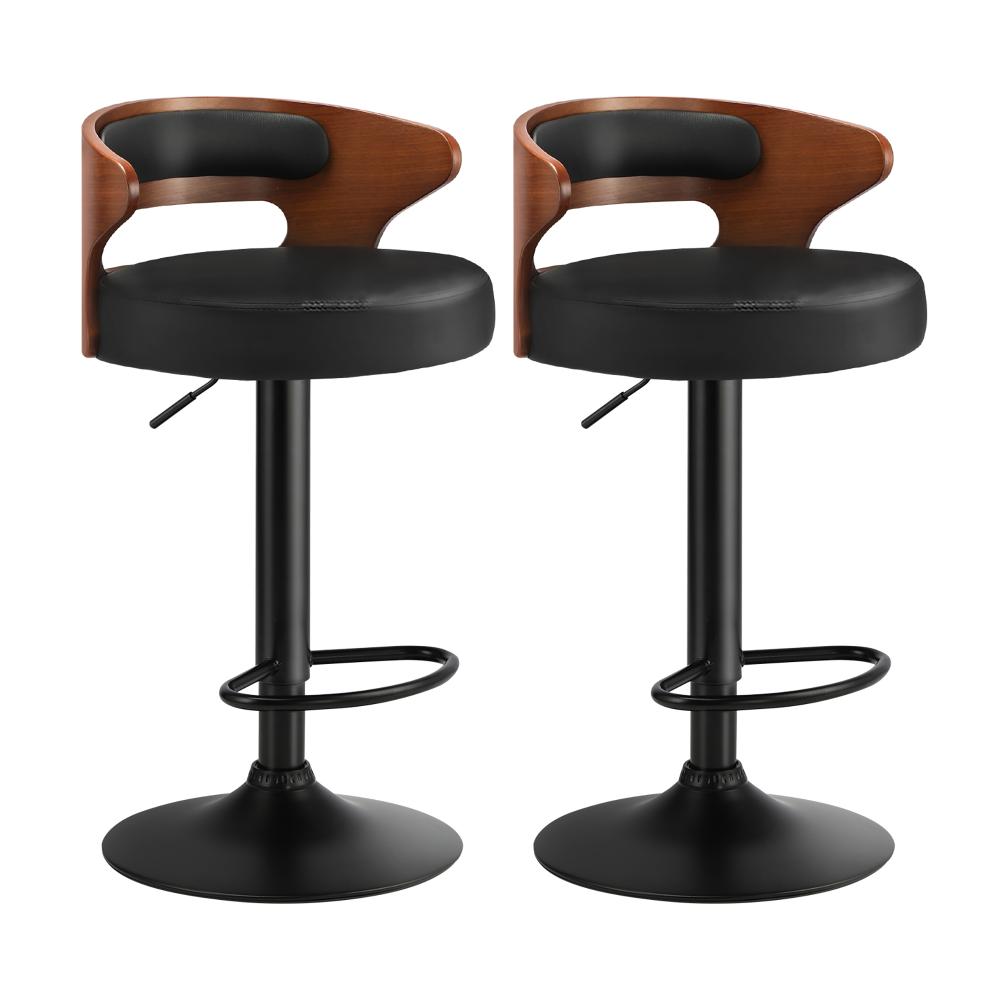 Set of Two Elis Modern Black Metal Barstools | Wood and Metal Gas Lift Adjustable Kitchen Bar Stools