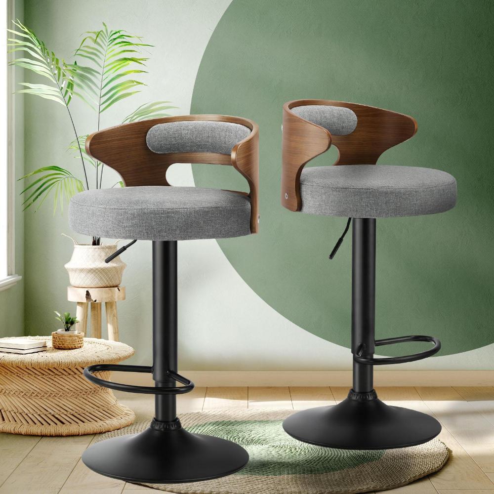 Set of Two Elis Modern Black Metal Barstools | Wood and Metal Gas Lift Adjustable Kitchen Bar Stools