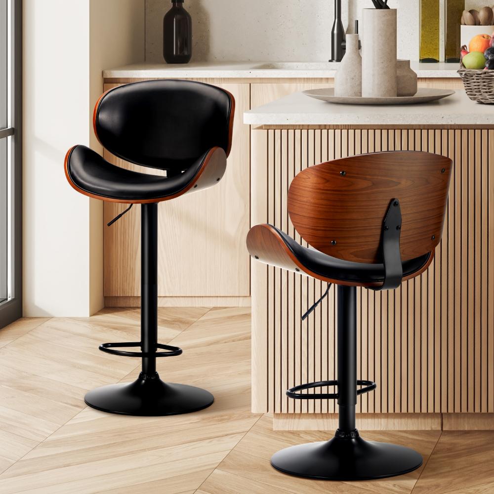 Set of Two Elis Modern Black Metal Barstools | Wood and Metal Gas Lift Adjustable Kitchen Bar Stools