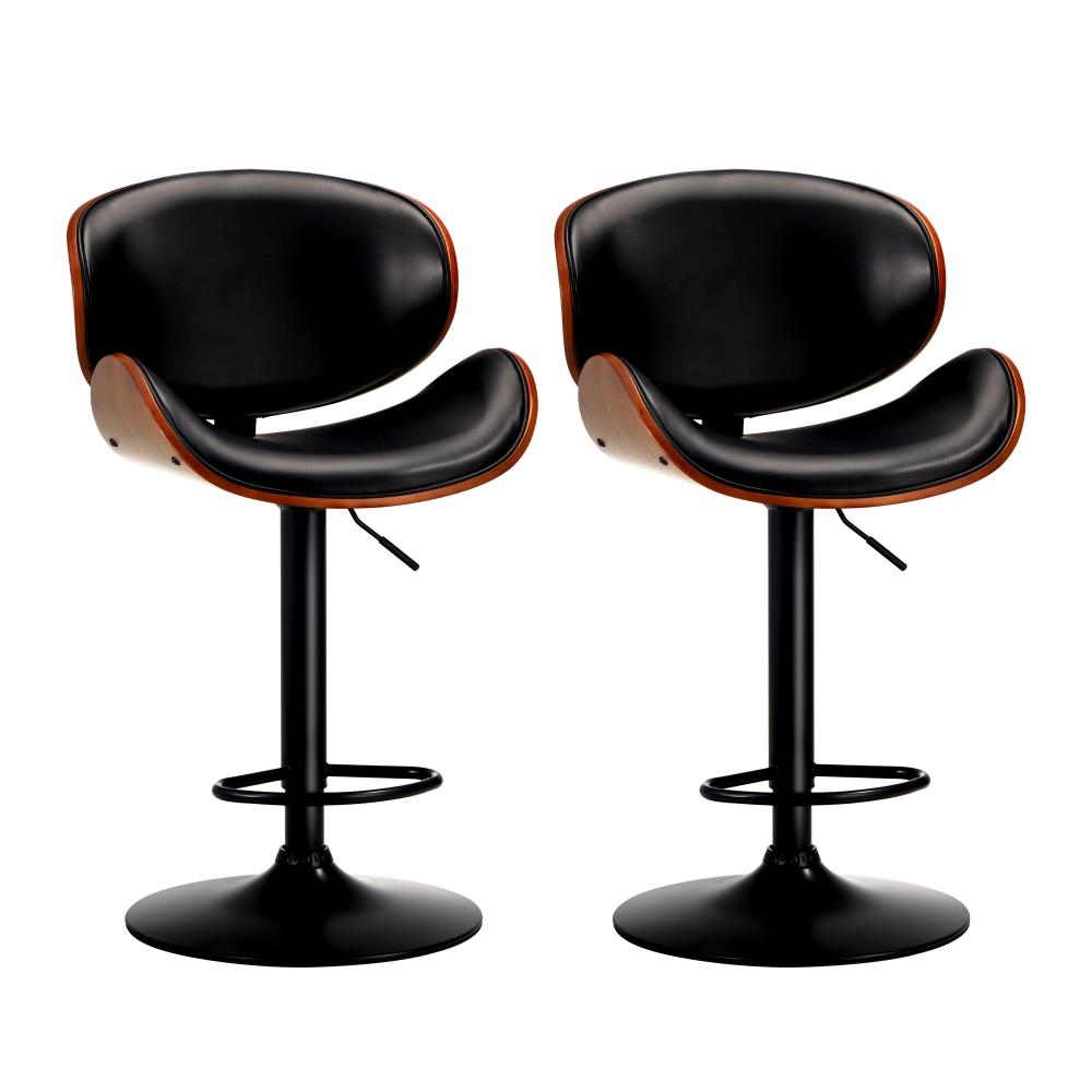 Set of Two Elis Modern Black Metal Barstools | Wood and Metal Gas Lift Adjustable Kitchen Bar Stools