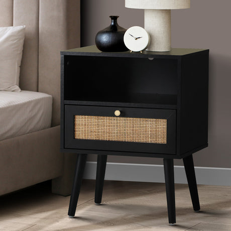 Abruzzi Nero Wood and Rattan Bedside Table | Storage 2 Drawer Nightstand Cabinet