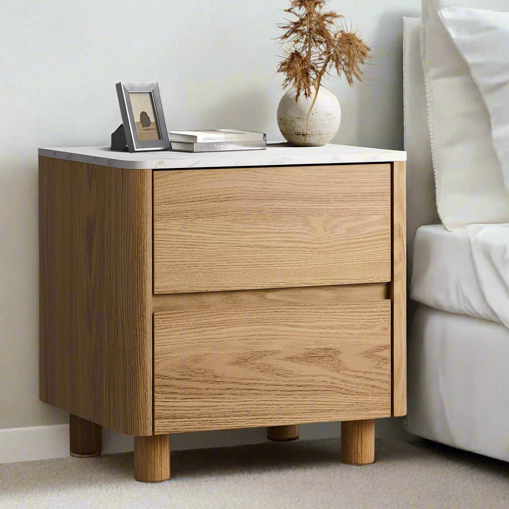 Ferrara 2 Draw Wooden Bedside Table | Two Tone Marble Style Top Nightstand