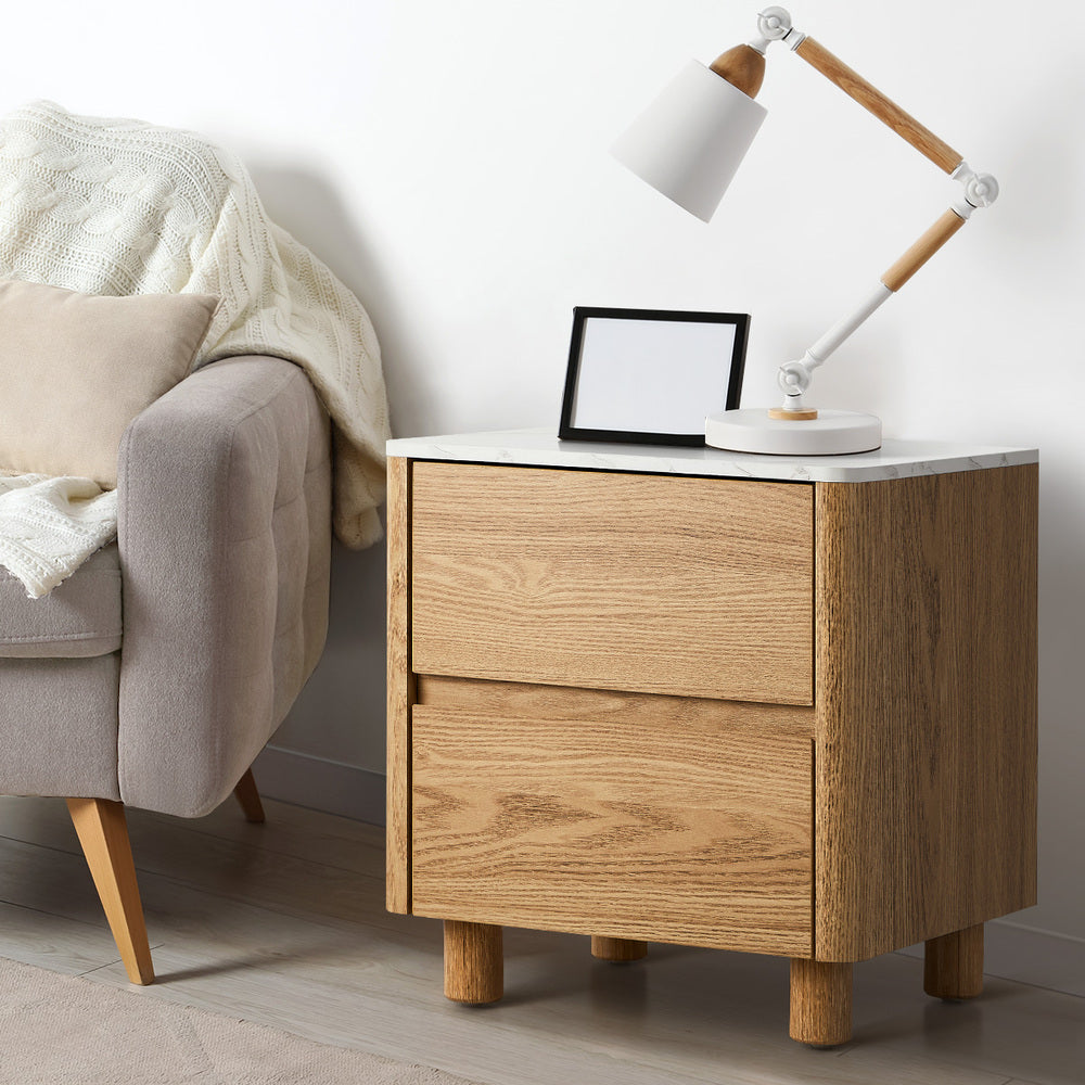 Ferrara 2 Draw Wooden Bedside Table | Two Tone Marble Style Top Nightstand