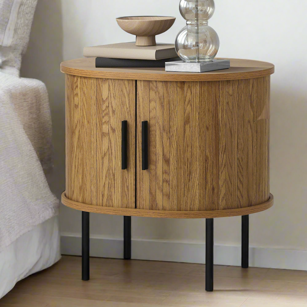 Eamus Retro Woodgrain Bedside Table | Sliding Door Modern Retro Look Bedside Storage Cabinet