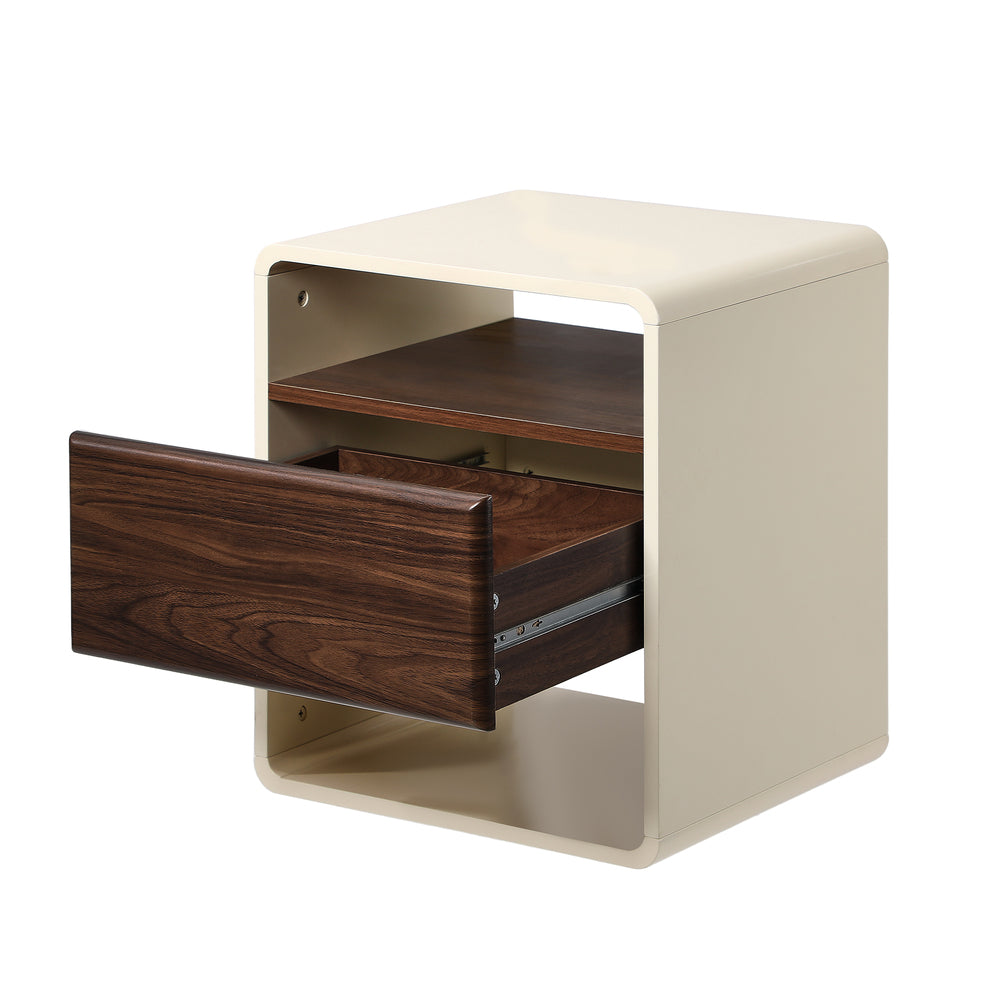 Sanremo 1 Draw Open Shelf Bedside Table | White Retro Modern Bedside Unit Nightstand