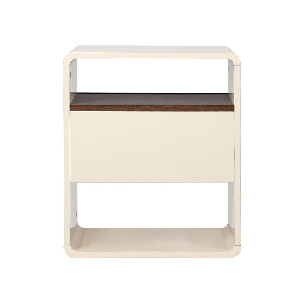 Sanremo 1 Draw Open Shelf Bedside Table | White Retro Modern Bedside Unit Nightstand