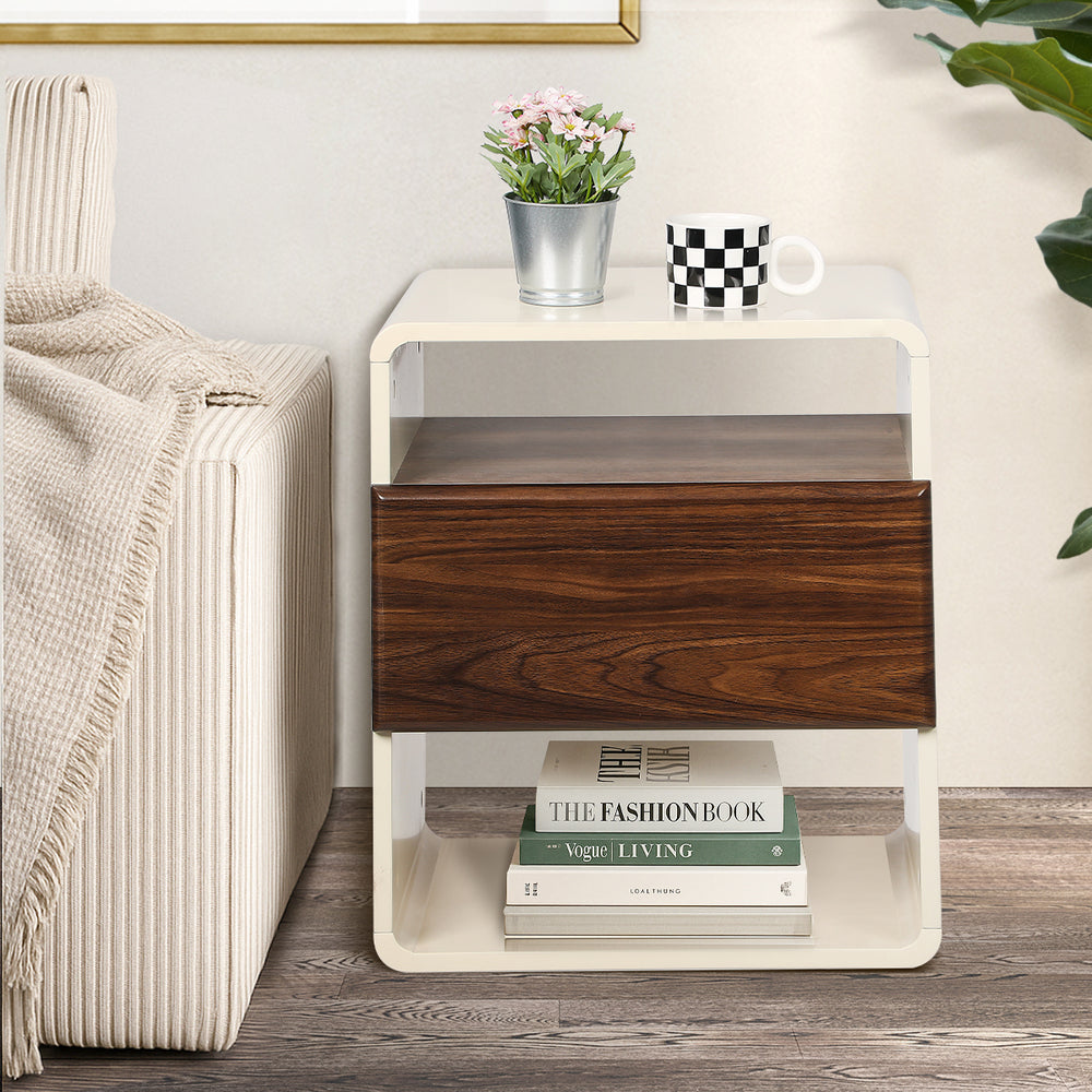Sanremo 1 Draw Open Shelf Bedside Table | White Retro Modern Bedside Unit Nightstand