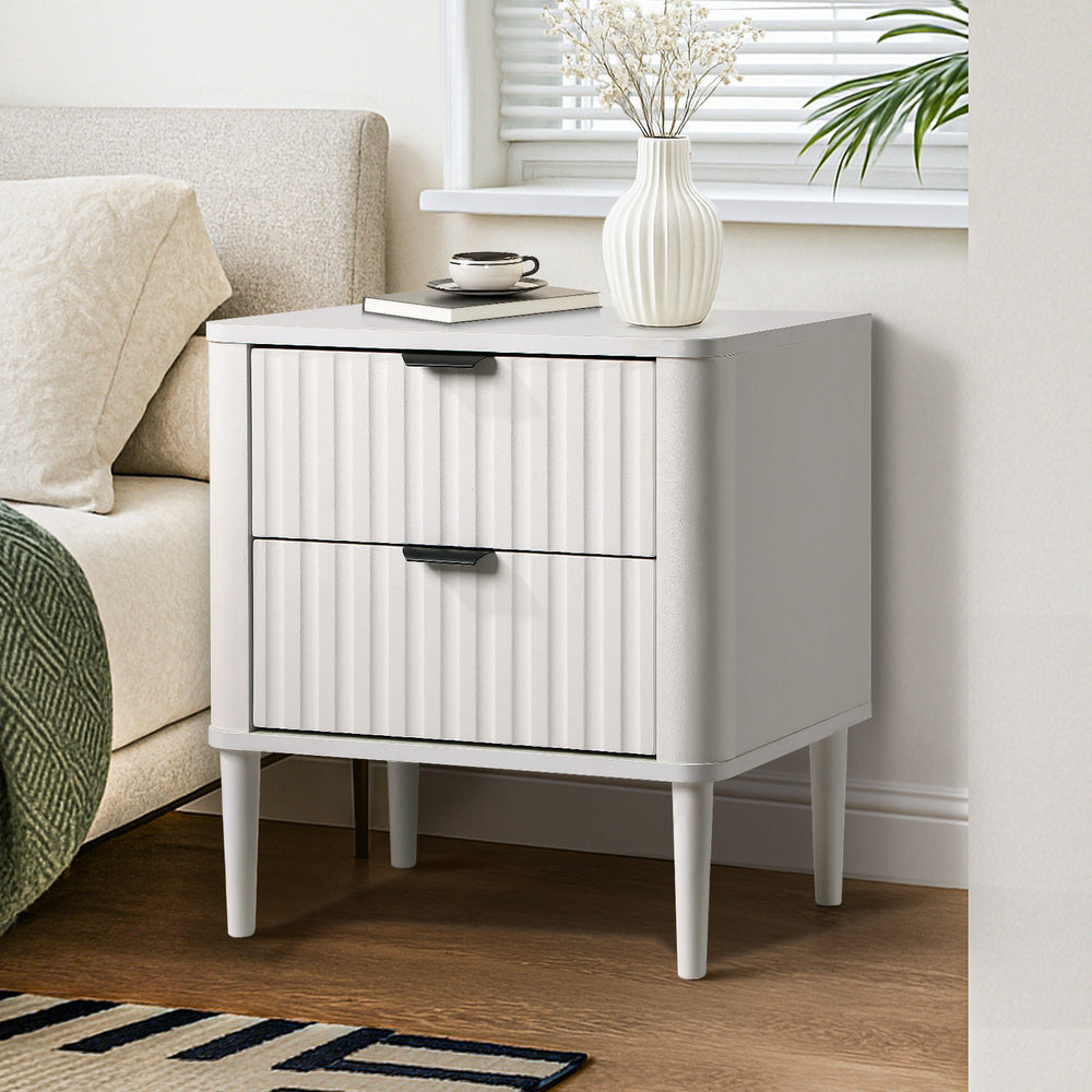 Santorini 2 Draw Fluted Bedside Table | Modern Storage White Bedside Unit Nightstand