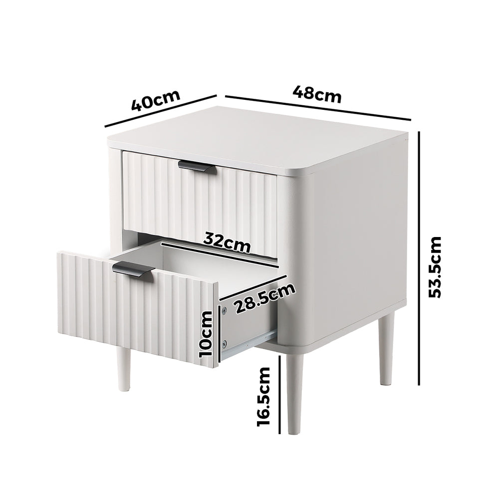 Santorini 2 Draw Fluted Bedside Table | Modern Storage White Bedside Unit Nightstand