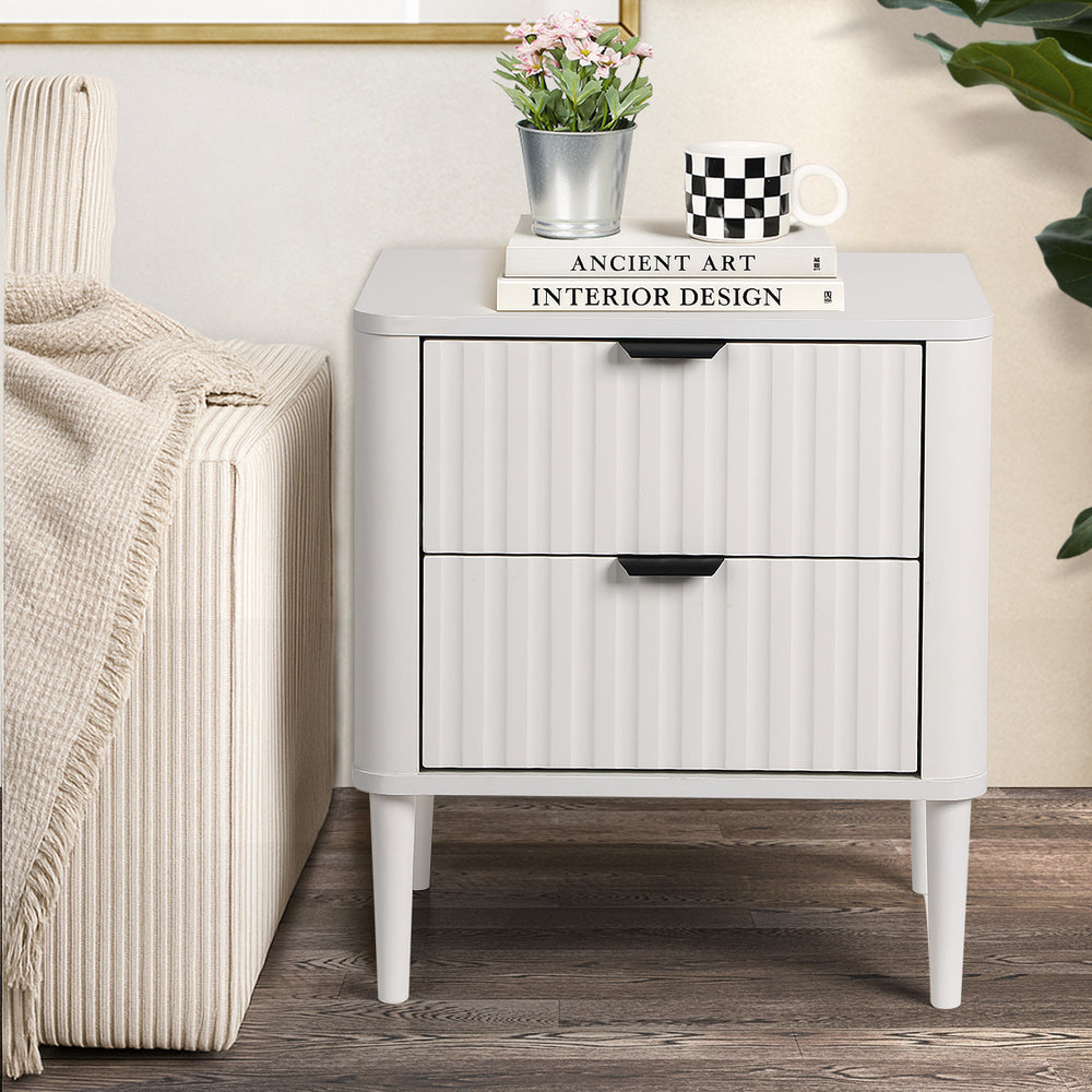 Santorini 2 Draw Fluted Bedside Table | Modern Storage White Bedside Unit Nightstand