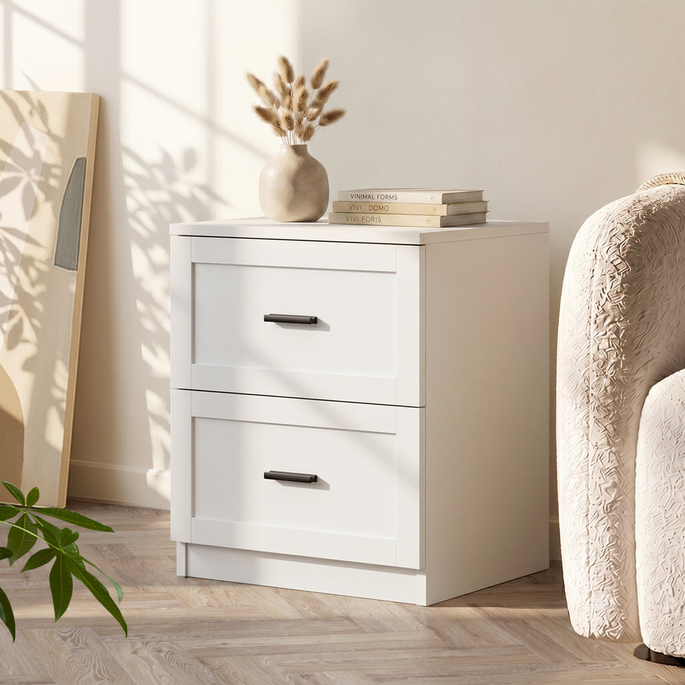 Hamptons Classic 2 Drawer Bedside Table | Elegant Wood Finish Storage Nightstand
