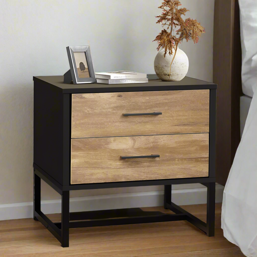Foreno Industrial Style Rustic Bedside Table | 2 Drawer Metal Wood Bed Nightstand