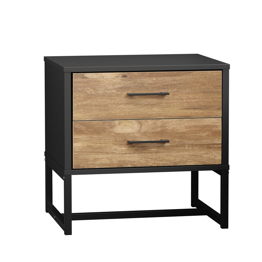 Foreno Industrial Style Rustic Bedside Table | 2 Drawer Metal Wood Bed Nightstand