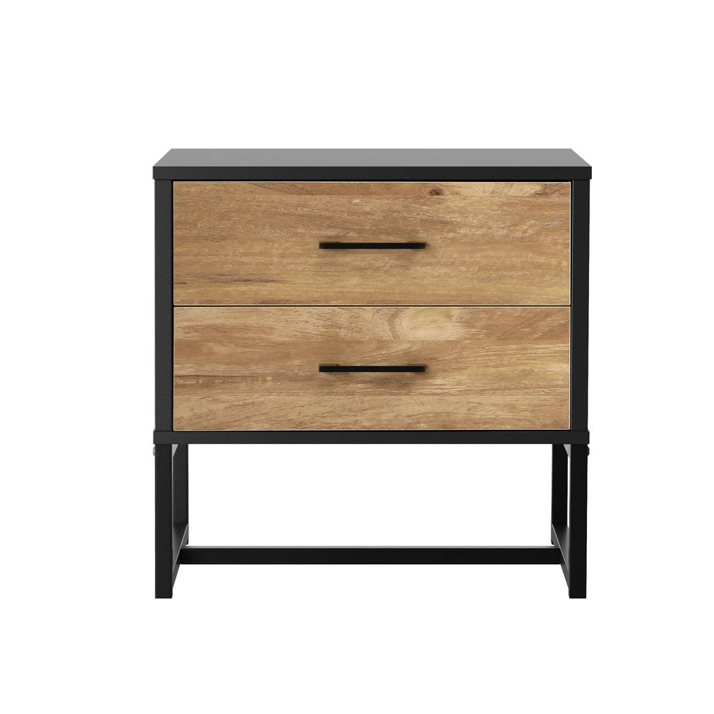 Foreno Industrial Style Rustic Bedside Table | 2 Drawer Metal Wood Bed Nightstand