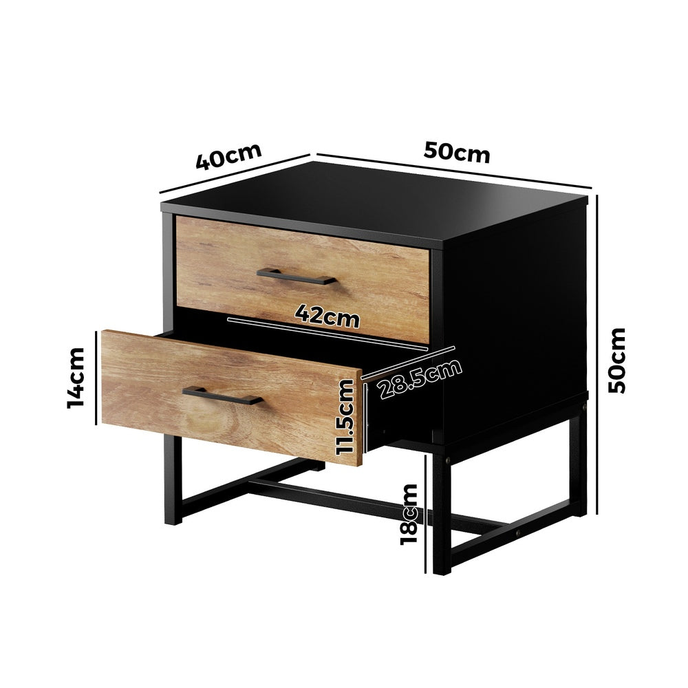 Foreno Industrial Style Rustic Bedside Table | 2 Drawer Metal Wood Bed Nightstand