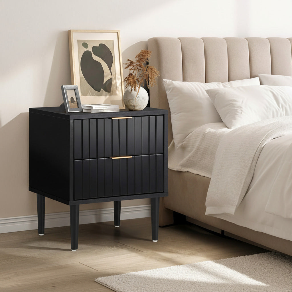 Centrum Nero Two Drawer Bedside Table | Metal Handle Modern Bedroom Storage Unit