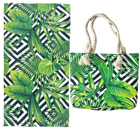 Shangri-La Printed Velour Large 150 x 75cm Beach Towel & Tote Bag Combo | Summer Beach Pack