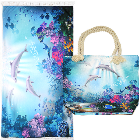 Shangri-La Printed Velour Large 150 x 75cm Beach Towel & Tote Bag Combo | Summer Beach Pack