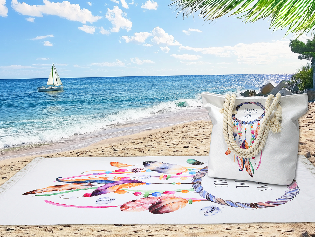 Shangri-La Printed Velour Large 150 x 75cm Beach Towel & Tote Bag Combo | Summer Beach Pack