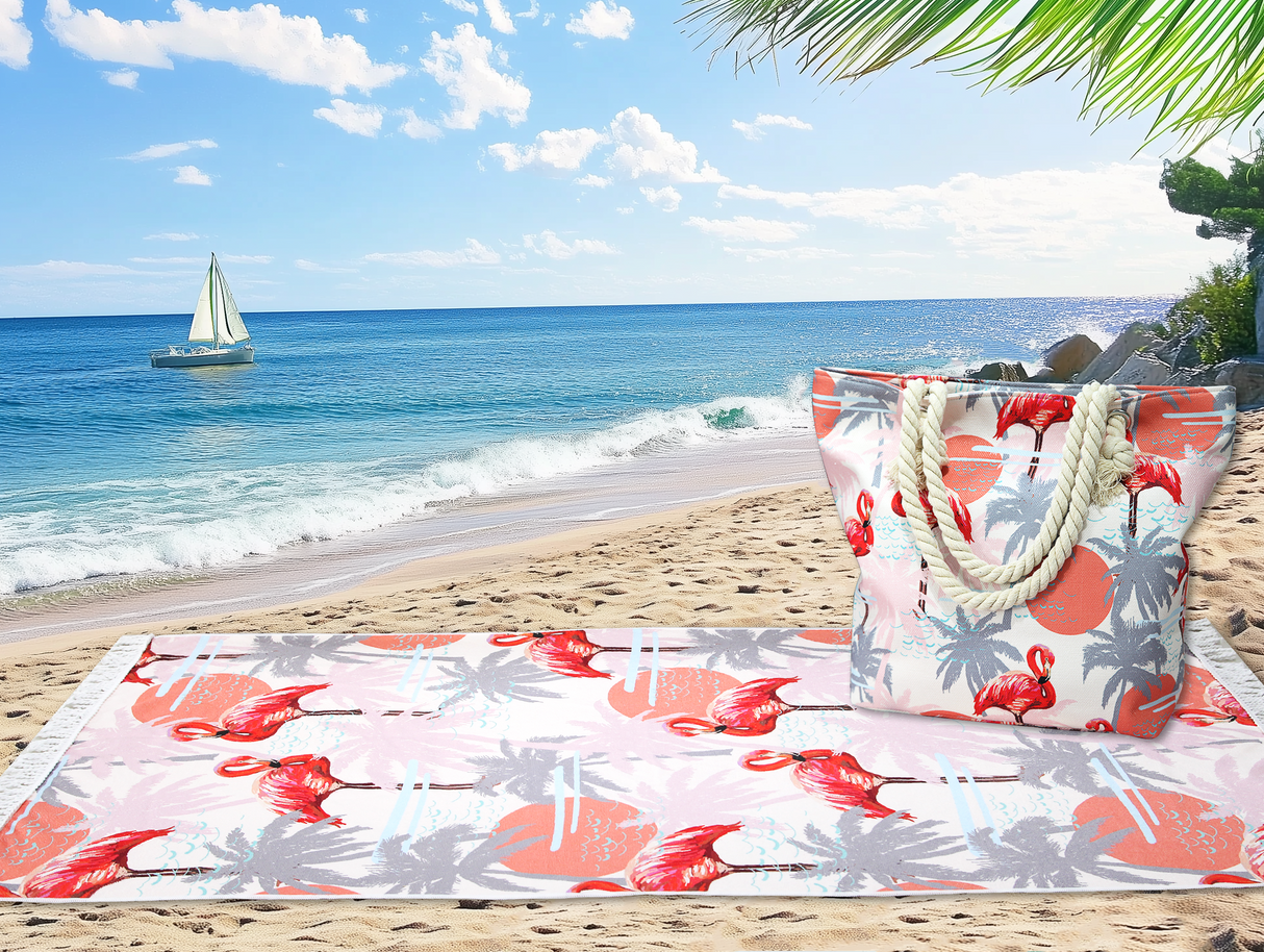 Shangri-La Printed Velour Large 150 x 75cm Beach Towel & Tote Bag Combo | Summer Beach Pack