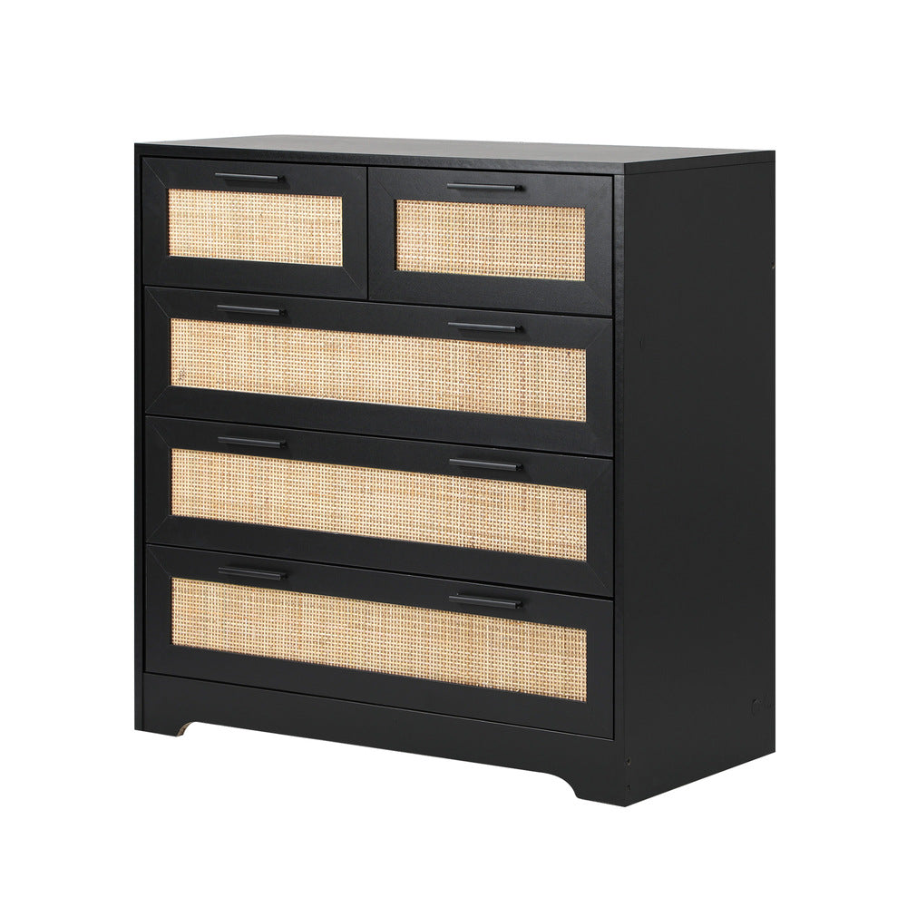 Abruzzi Nero Genuine Rattan Wooden 5 Chest of Drawers | 5 Draw Storage Dresser Unit