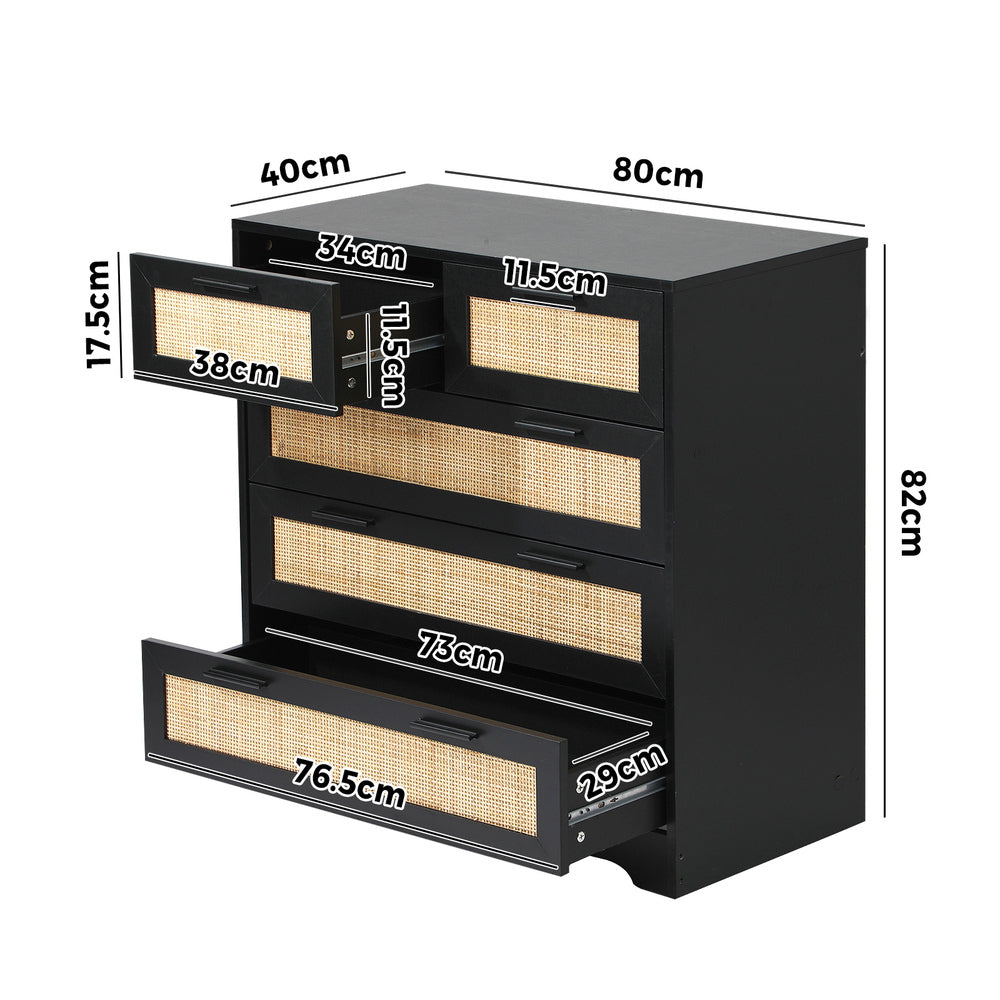 Abruzzi Nero Genuine Rattan Wooden 5 Chest of Drawers | 5 Draw Storage Dresser Unit