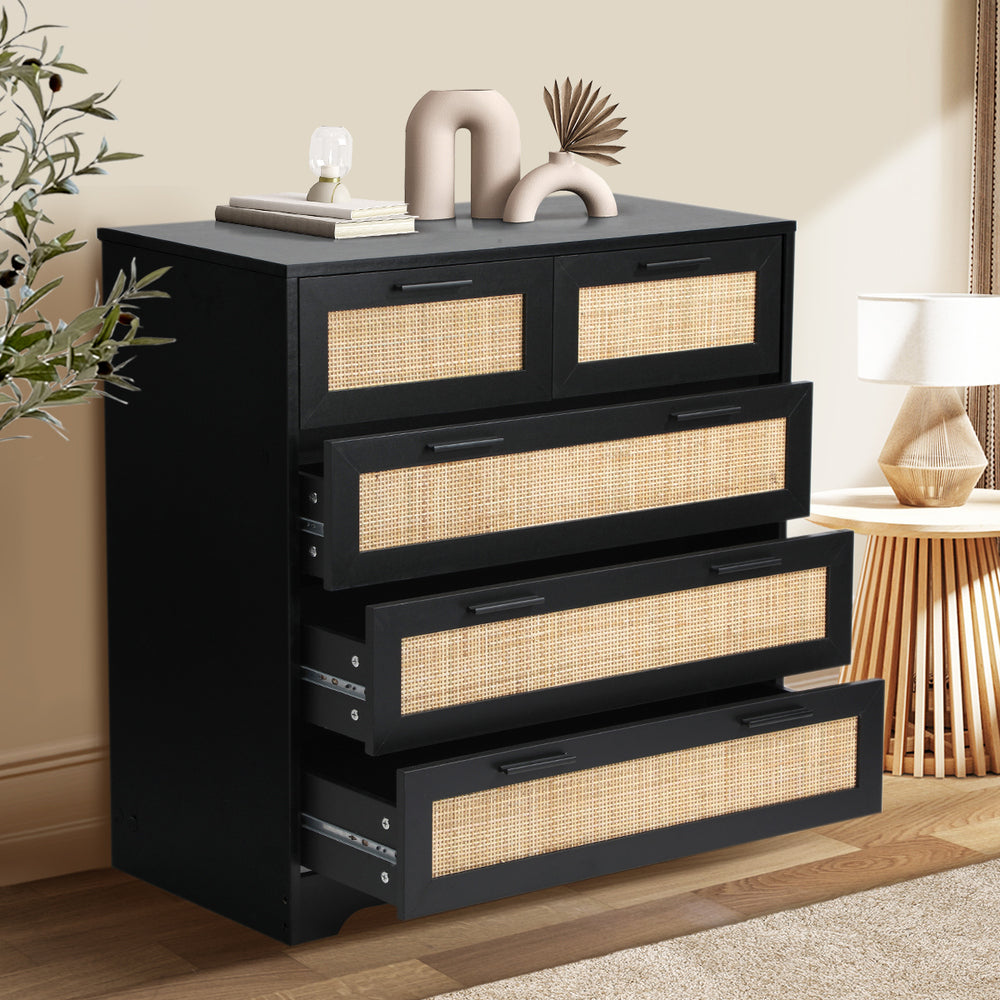Abruzzi Nero Genuine Rattan Wooden 5 Chest of Drawers | 5 Draw Storage Dresser Unit